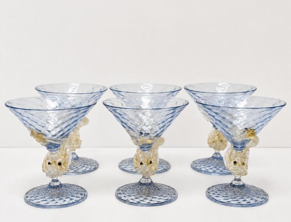 Set of 6 Murano Fish Stem Cocktail Glasses, Attributed to Barovier & Toso